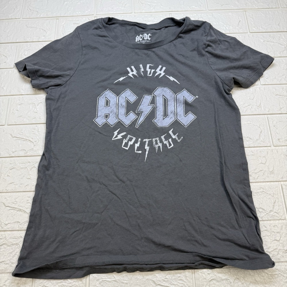AC DC High Voltage Rock N Roll Graphic T-Shirt Womens Medium Gray Band Tee